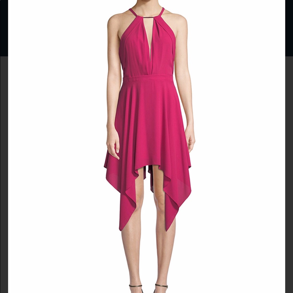 Beaded Handkerchief-Hem Halter Cocktail Dress